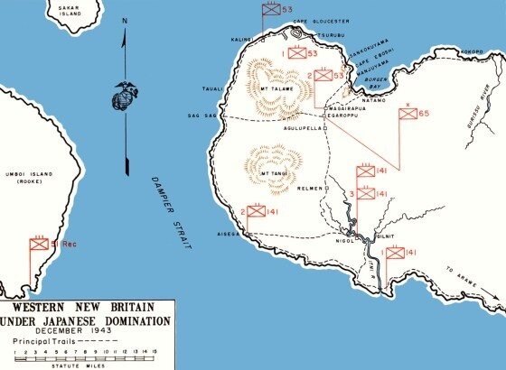 Map of western New Britain, including Cape Gloucester, under Japanese control in December 1943. (U.S. Marine Corps) Map of western New Britain, including Cape Gloucester, under Japanese control in December 1943. (U.S. Marine Corps)